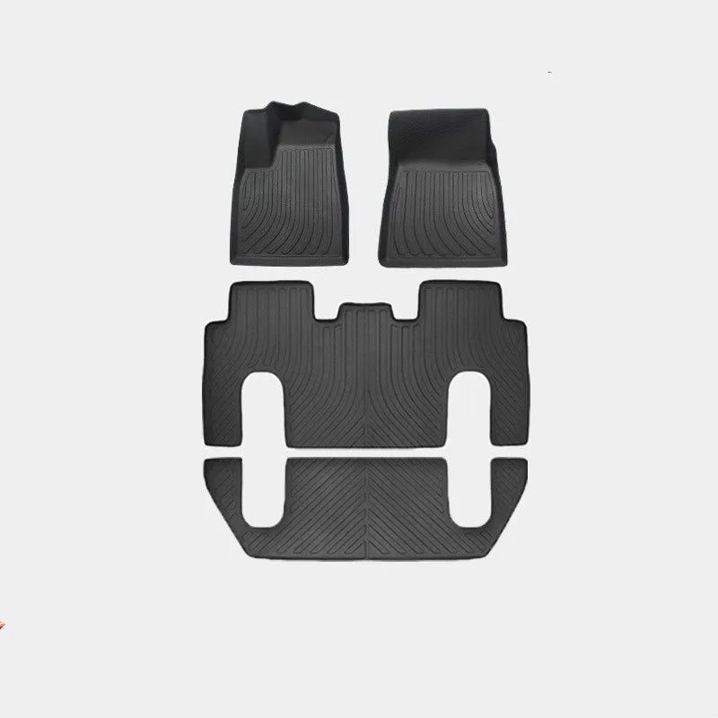 Tesla Model X waterproof car mats set showing front, rear, and tailbox protection for 2016-2023 vehicles