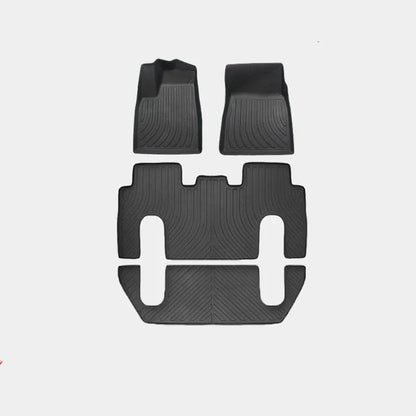 Tesla Model X waterproof car mats set showing front, rear, and tailbox protection for 2016-2023 vehicles