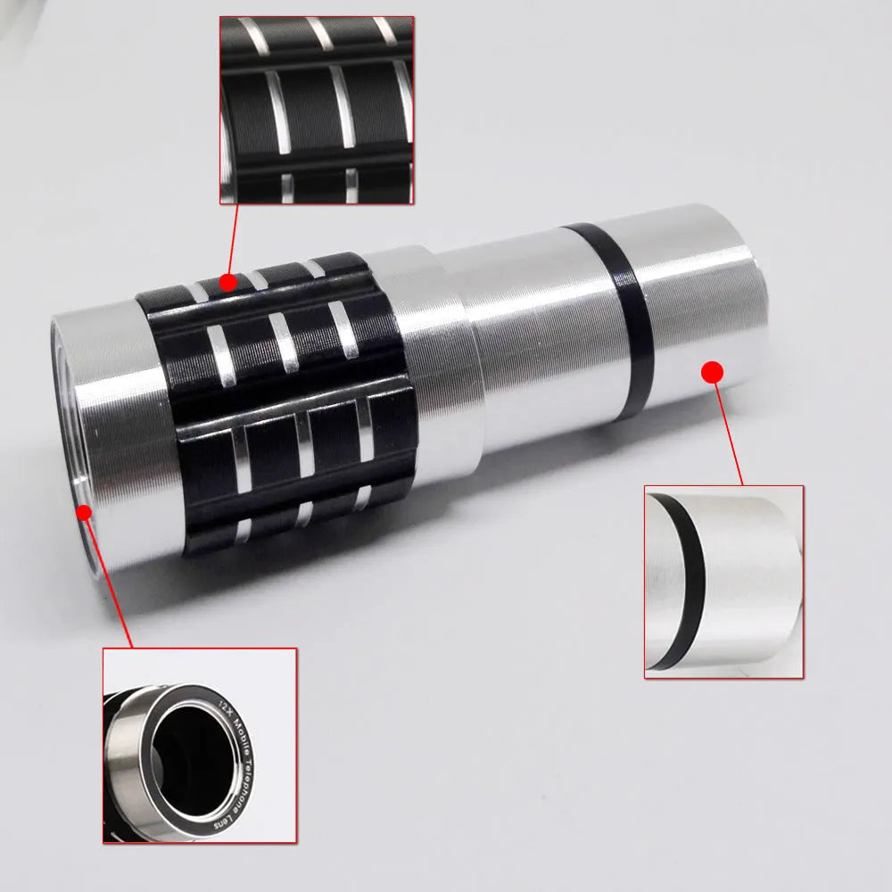 12x telescopic zoom lens with universal collar clip for attaching to a mobile phone.