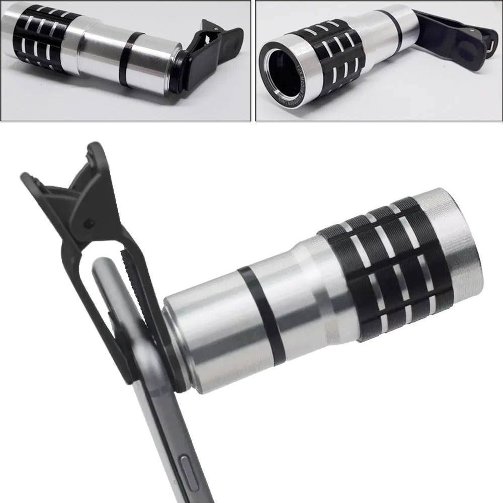 12x telescopic zoom lens with universal collar clip for attaching to a mobile phone.