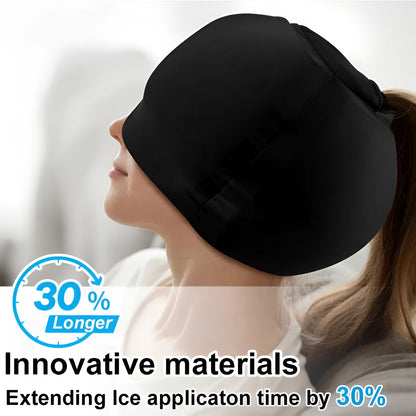 Simple solid colour cold compress cap in black, dark blue, or pink with fully enclosed design for head cooling