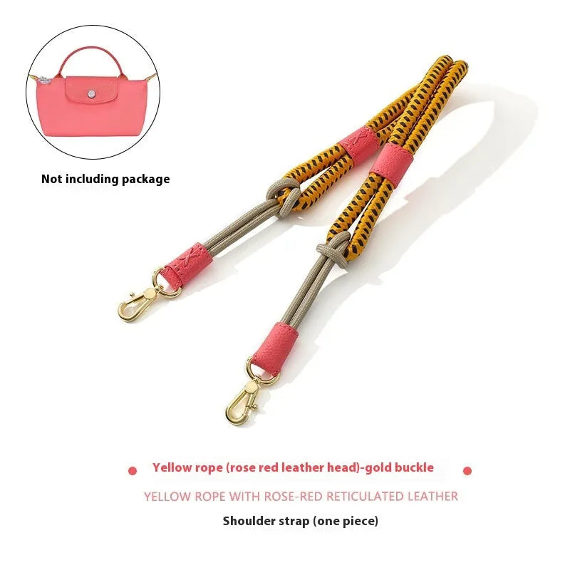 Braided rope and leather shoulder strap with a metal buckle in gold or silver finish