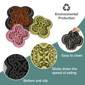 Silicone pet licking pad for cats and dogs measuring 19cm by 21cm, a non-slip slow feeder mat placed under pet food bowls to extend mealtime and manage feeding pace