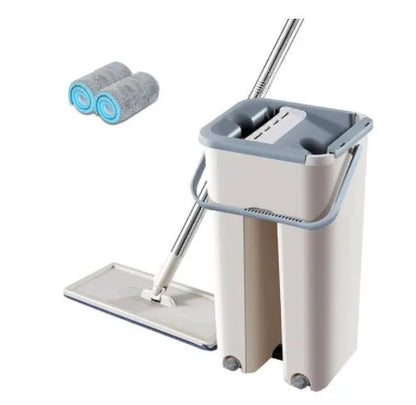Blue flat floor mop with rotating head and microfiber pad beside plastic bucket for floor cleaning