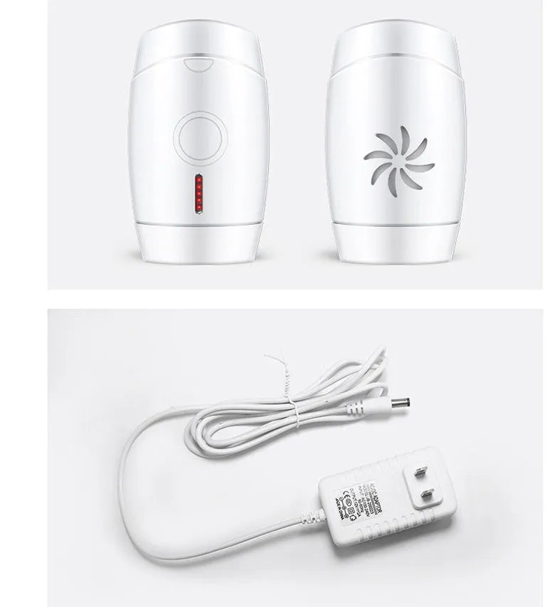 White home laser hair removal device with display, shown next to its power adapter.