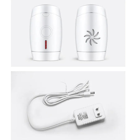 White home laser hair removal device with display, shown next to its power adapter.