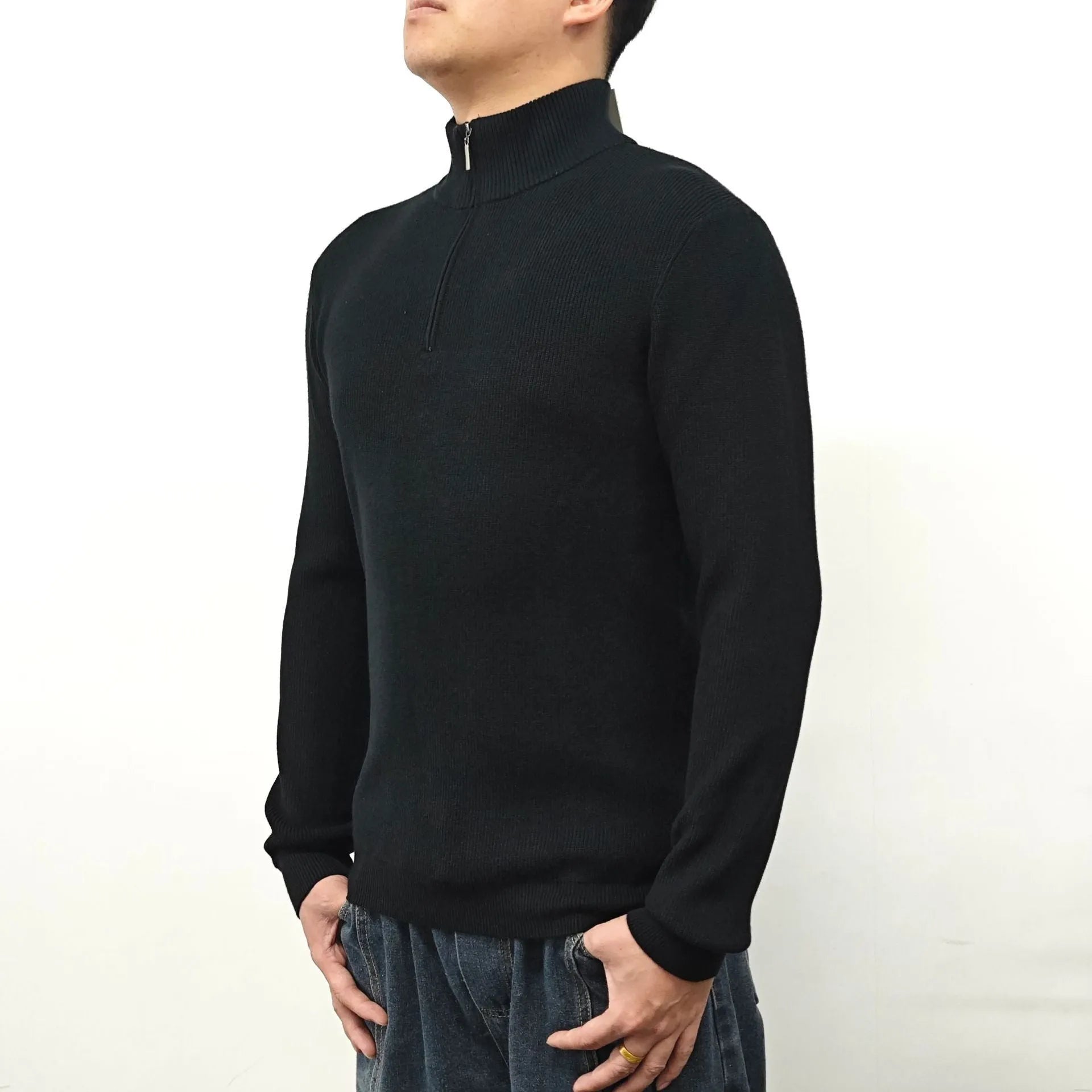 Men's black half-turtleneck zipper sweater with front zip and long sleeves, cotton-blend fabric, British style