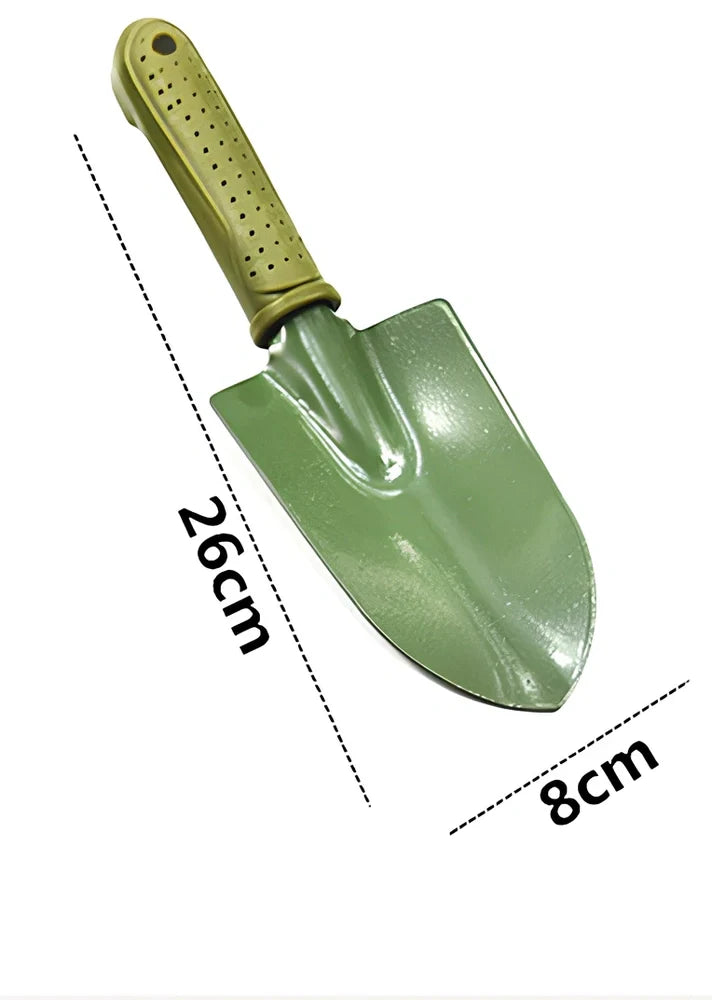 Gardening scarifier kit with green antiskid handles and two shovels for planting