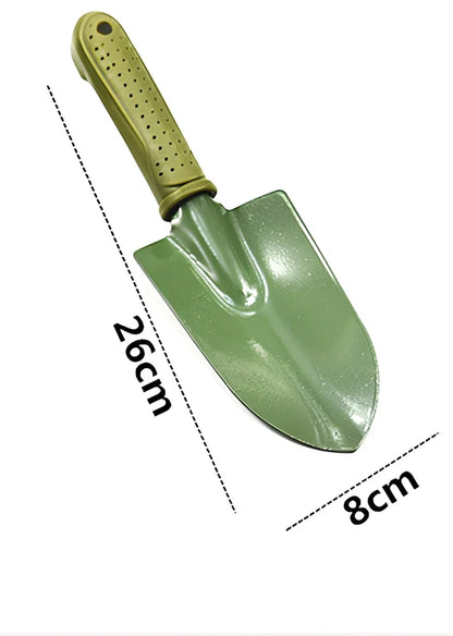 Gardening scarifier kit with green antiskid handles and two shovels for planting