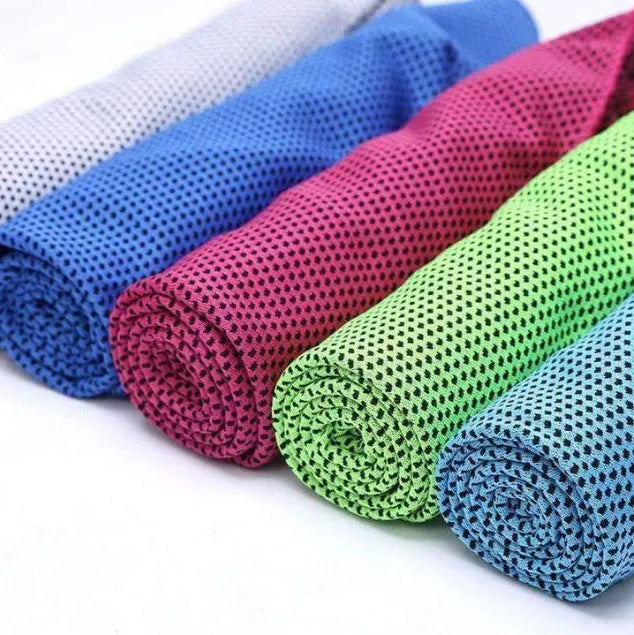 Microfiber sports cooling towel in various colours showing 30x100cm dimensions