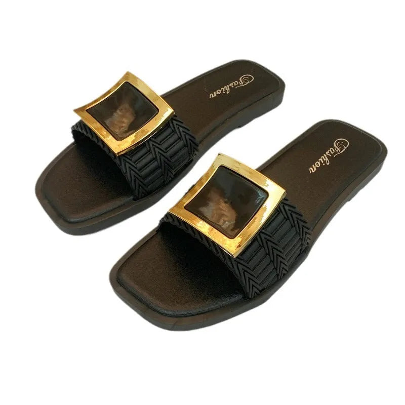 Women's summer flat slippers with PVC sole in apricot, black or khaki colours