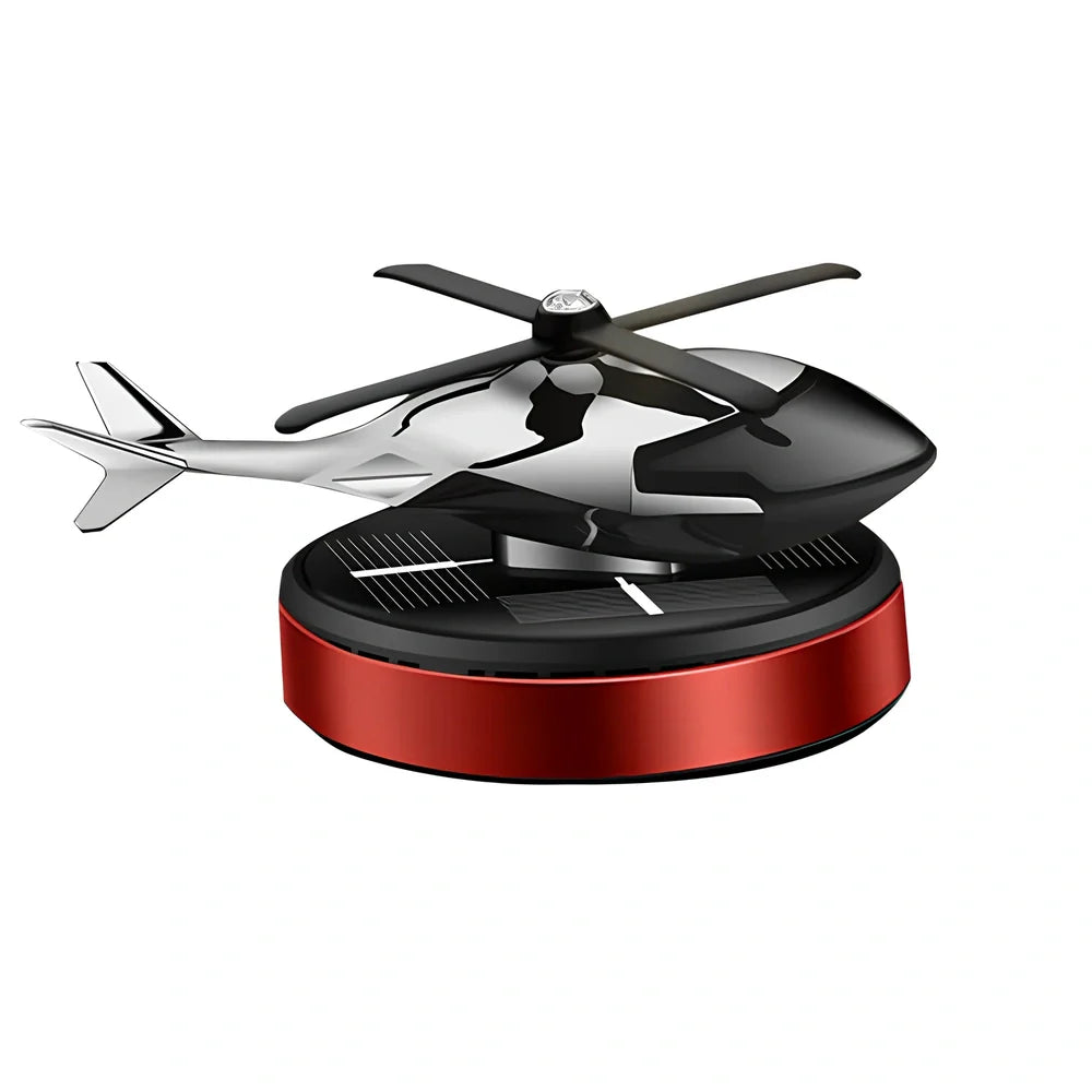 Solar helicopter car air freshener with rotating propeller and metal construction