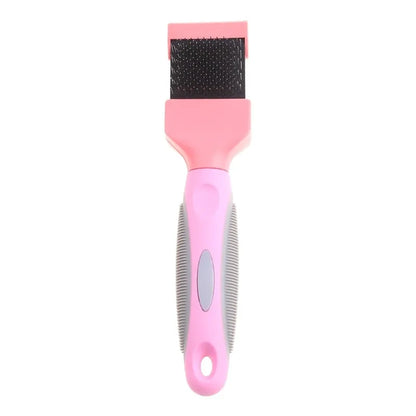 Blue double-sided pet brush for dogs and cats with stainless steel pins on a wooden table