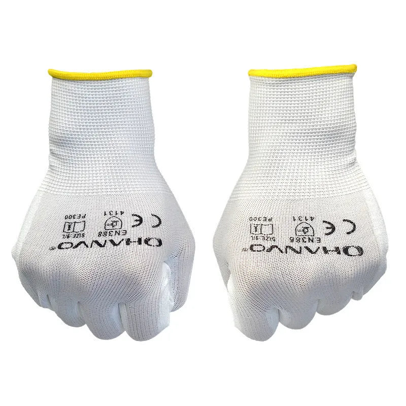 Pack of 10 pairs of white PU coated work gloves with knit backs, showing palm coating detail.