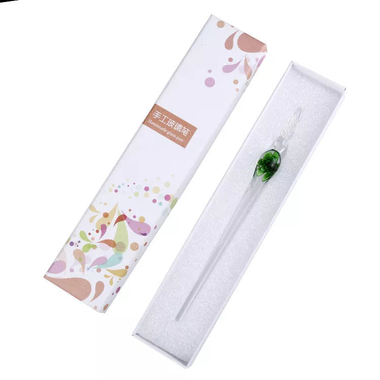 Crystal Flower Glass Dip Pen Set with floral patterns and borosilicate glass construction