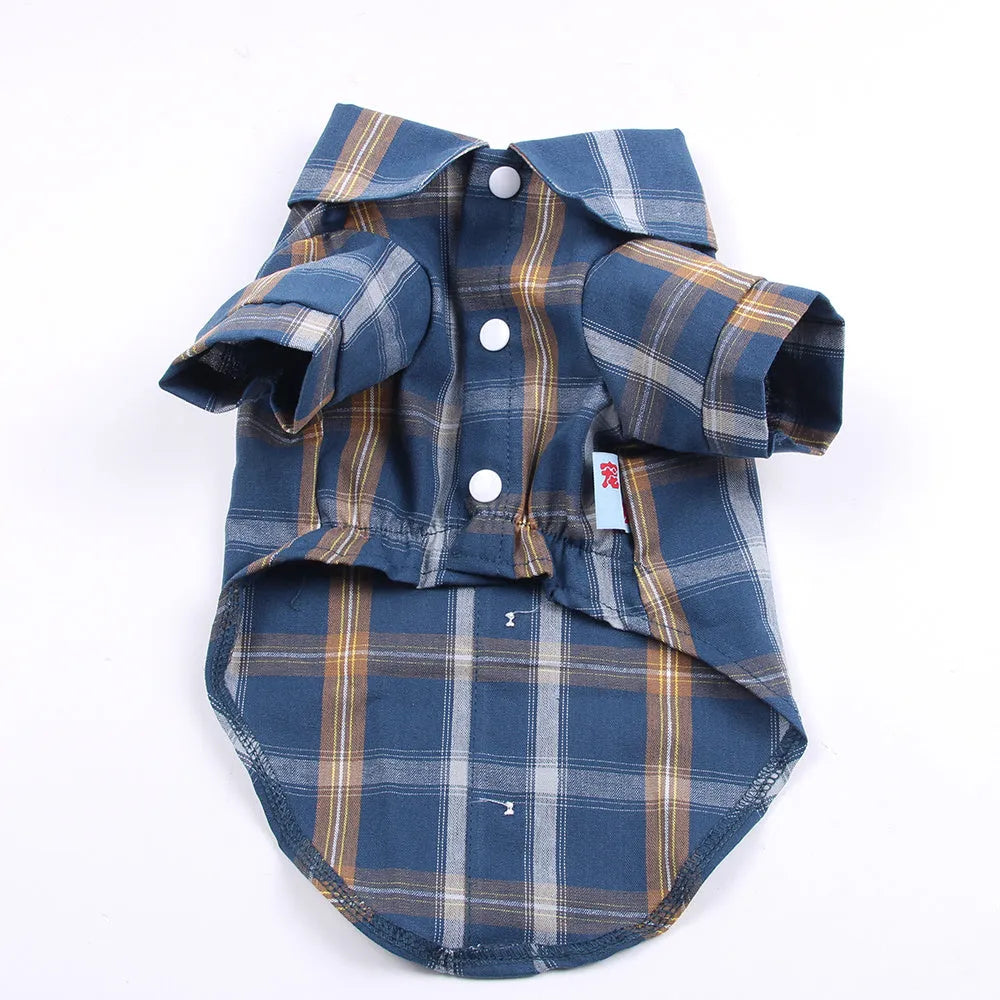 Soft cotton pet shirt with two feet design in blue, red, or rice brown, sizes XS to XL