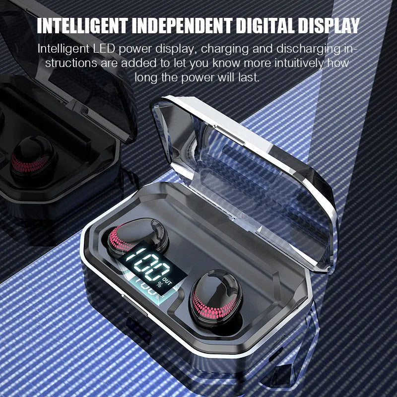 X10 Bluetooth Headset in black with charging bin, showing lightweight design and extended battery features