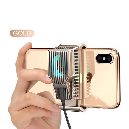 Black mobile phone cooling clip attached to a smartphone, showing aluminium alloy and ceramic construction