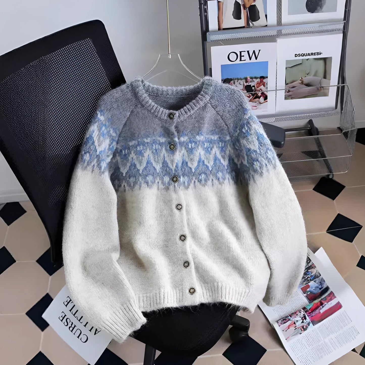 Women's contrast colour jacquard thickened sweater coat in loose fit with long sleeves, available in milky white, brown, and navy blue