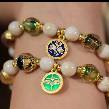 Handmade fragrant gray porcelain bracelet with five Gods of Wealth design in coloured glaze glass