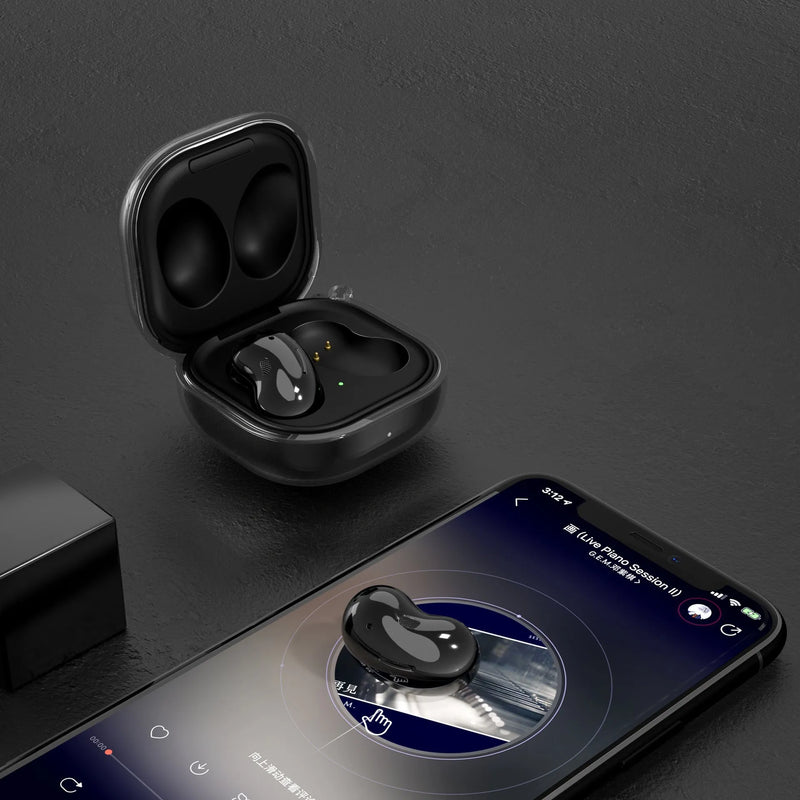 Bluetooth transparent ear case in clamshell style with plastic moulding technology, available in transparent, translucent gold, translucent black and translucent purple colours for electronic device protection