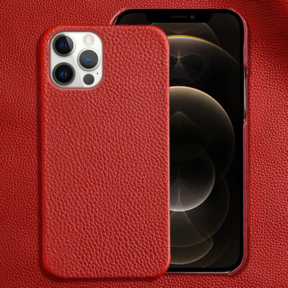 Genuine cowhide leather iPhone case in brown with anti-drop design and tempered film included.