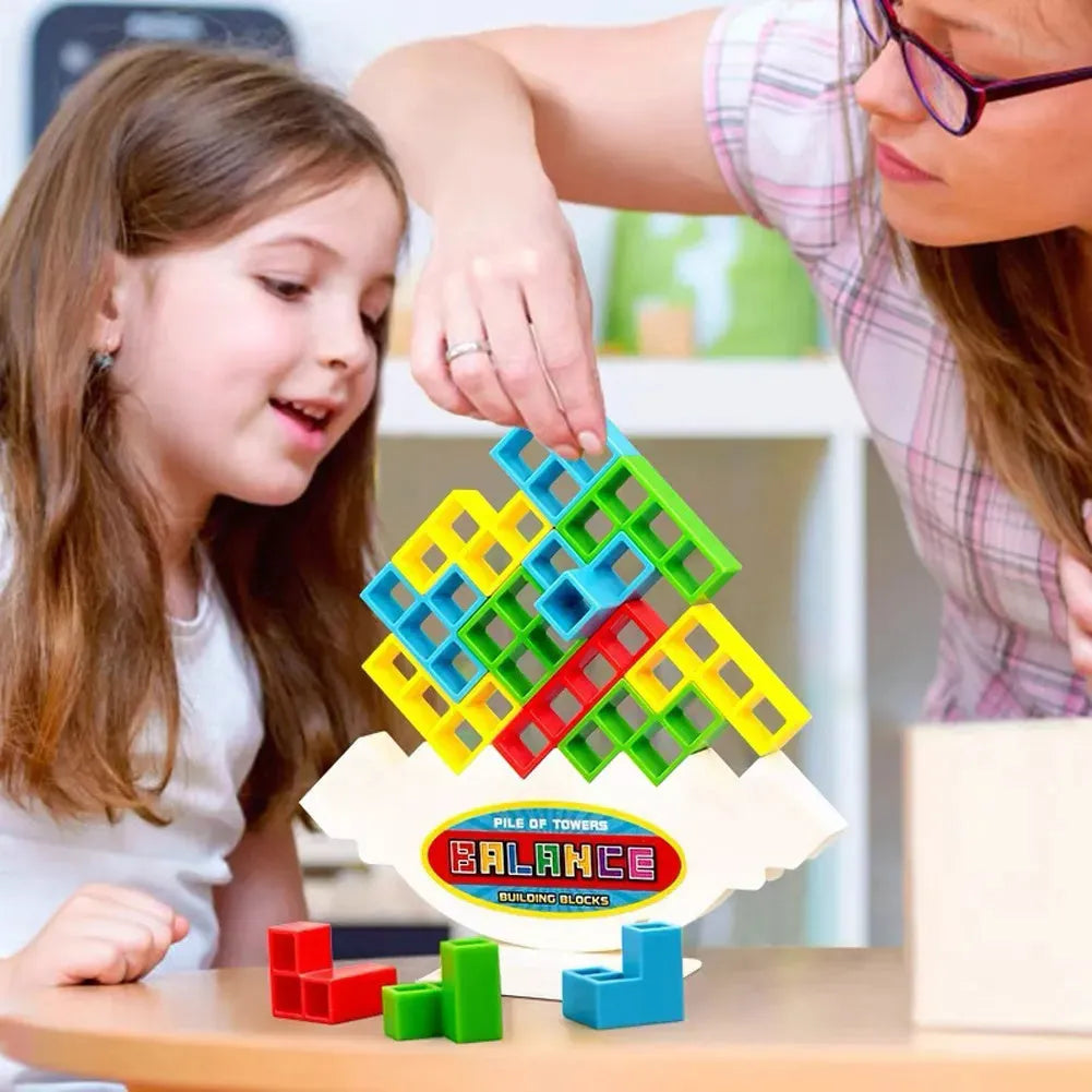 Plastic balance stacking game with 16 colourful blocks, chassis, and base for kids and adults