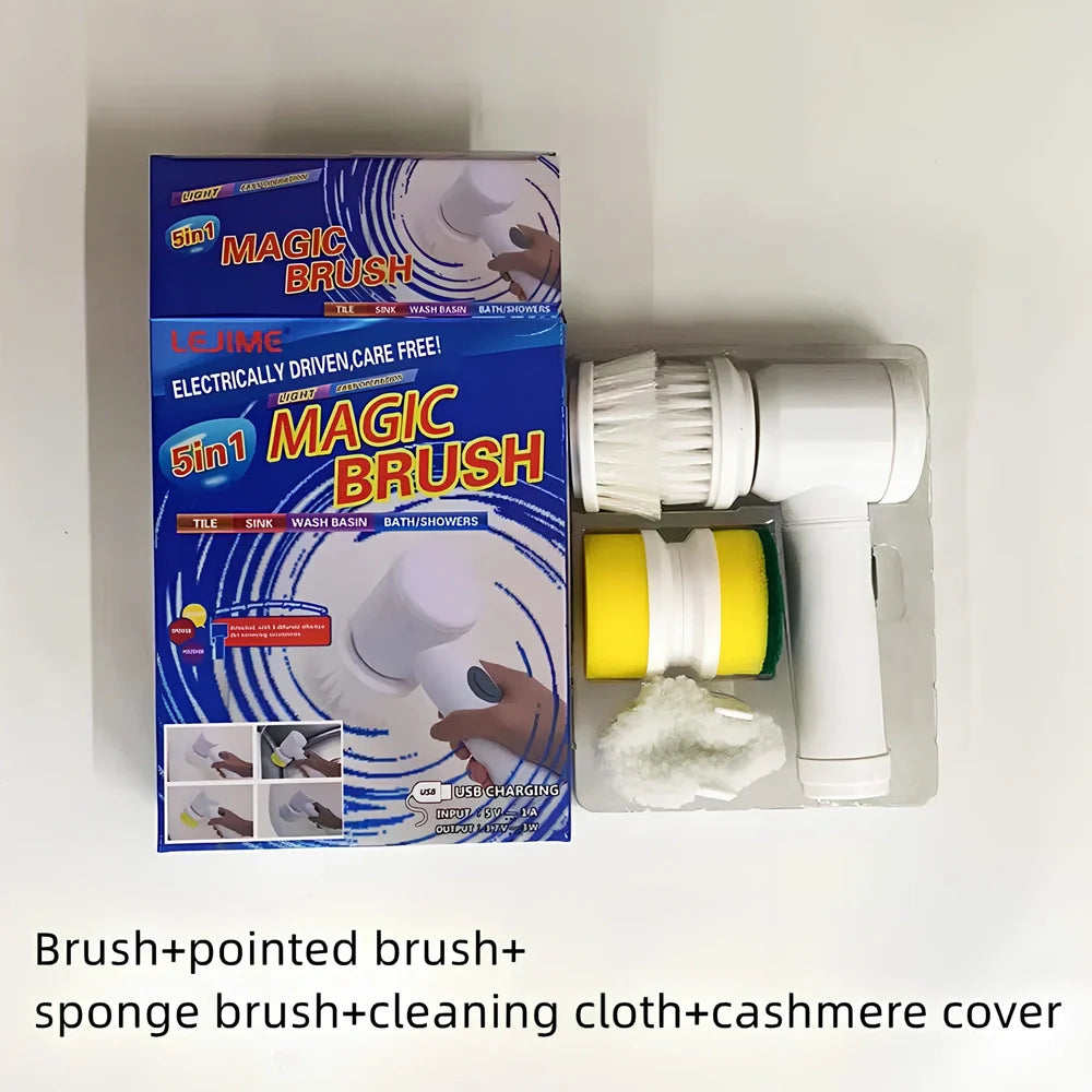 Electric cleaning brush with five interchangeable heads and rechargeable battery for kitchen and bathroom surfaces