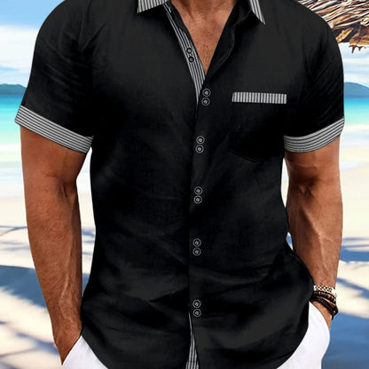 Men's slim fit striped casual shirt in pure cotton with double button short sleeves on a hanger
