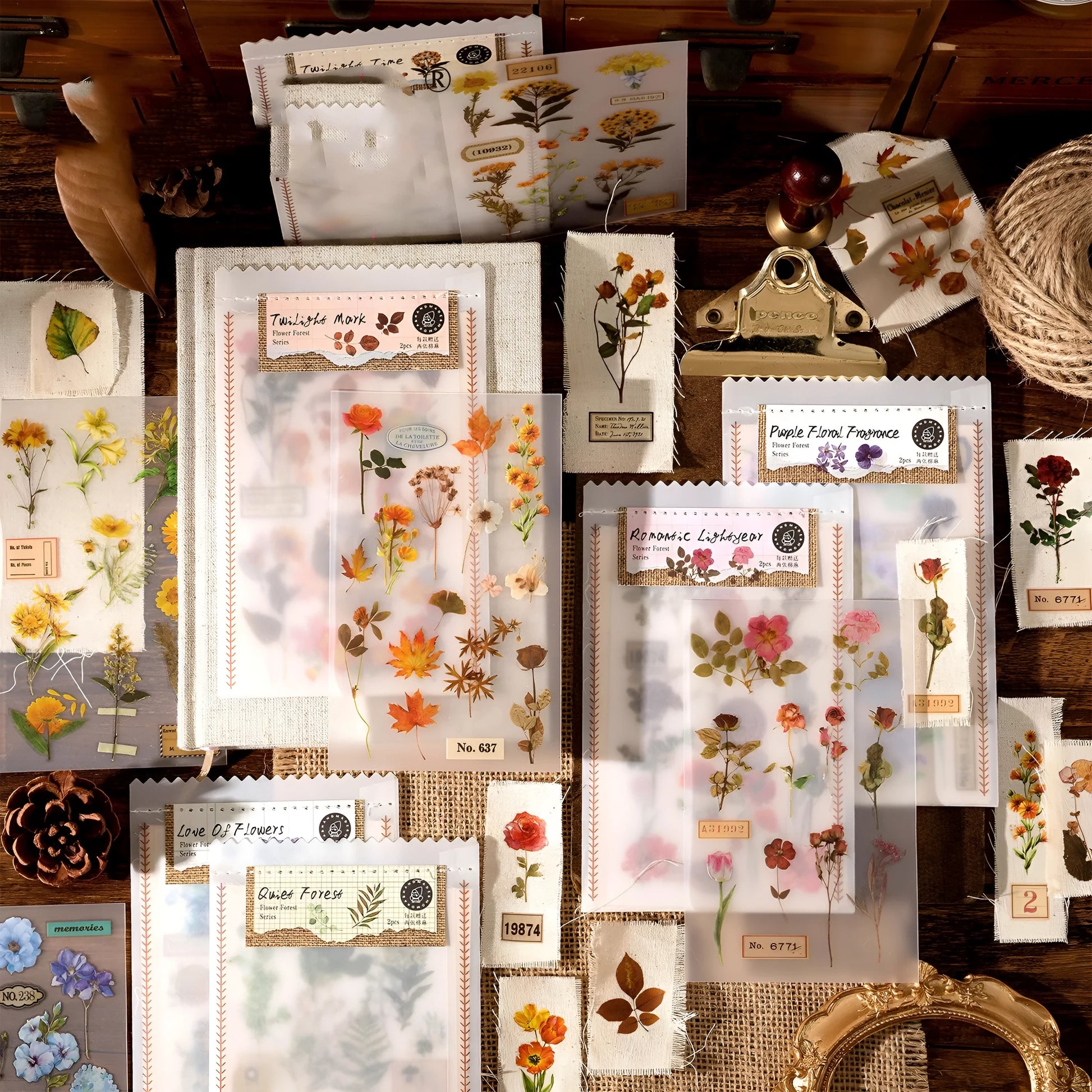 Huazhisen art nouveau forest sticker pack showing transfer paper and cotton linen sheets in six colour designs