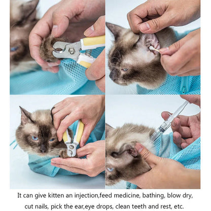 Adjustable polyester cat grooming bag with front zipper for easy access