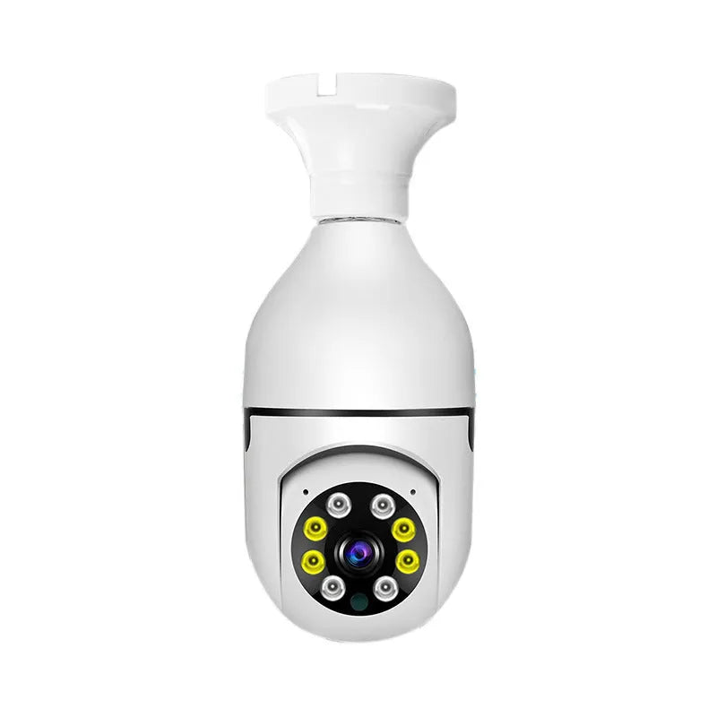 White wireless bulb security camera with E27 base, showing lens and compact 5cm by 12cm size.