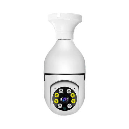White wireless bulb security camera with E27 base, showing lens and compact 5cm by 12cm size.