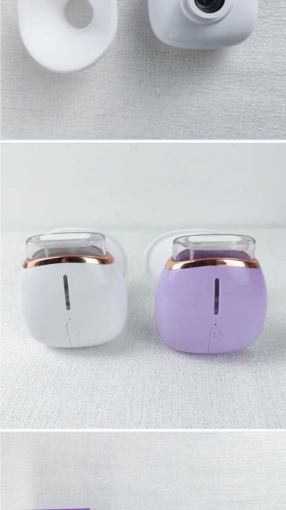 White and purple portable eye humidifier with lithium battery and USB charging cable