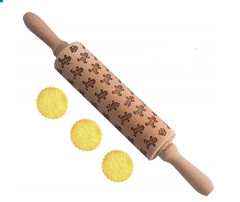 Festive rolling pin with embossed Christmas designs for easy imprinting on dough