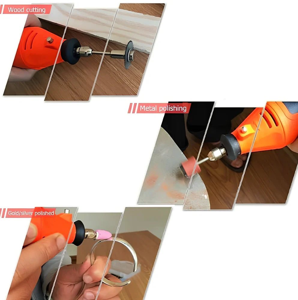 Black 180W electric Dremel drill with 186 accessory pieces including grinding heads and maintenance tools