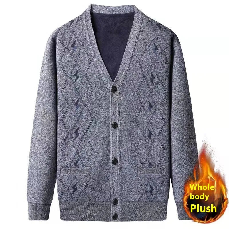Men's dark grey batwing sleeve cardigan with wool lining shown on a hanger