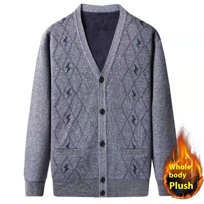 Men's dark grey batwing sleeve cardigan with wool lining shown on a hanger