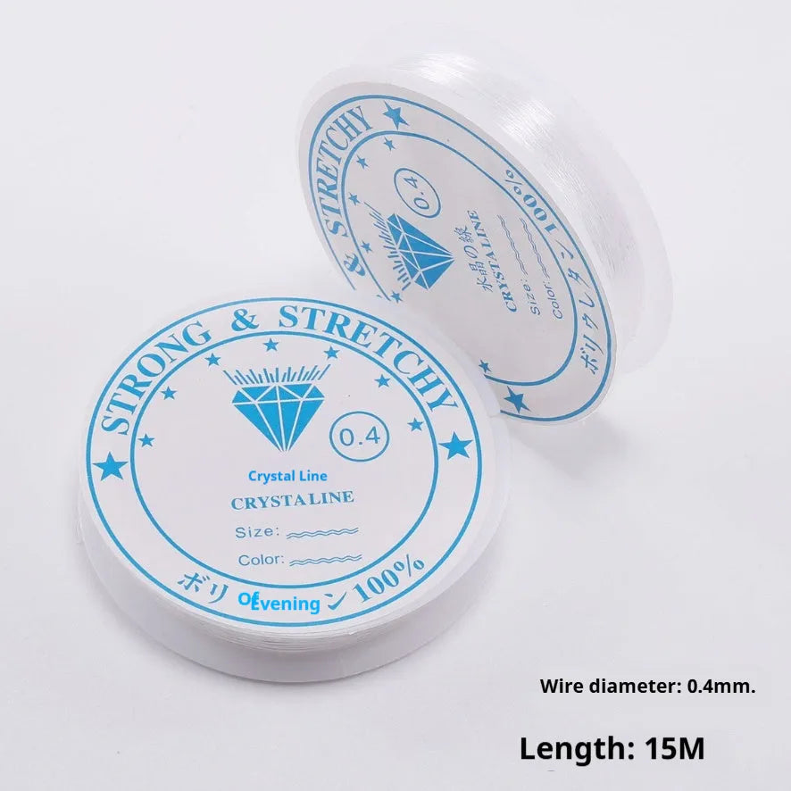 Transparent white elastic cord on spool for DIY jewellery making with diameter options from 0.4mm to 1.0mm