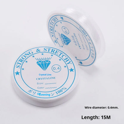 Transparent white elastic cord on spool for DIY jewellery making with diameter options from 0.4mm to 1.0mm