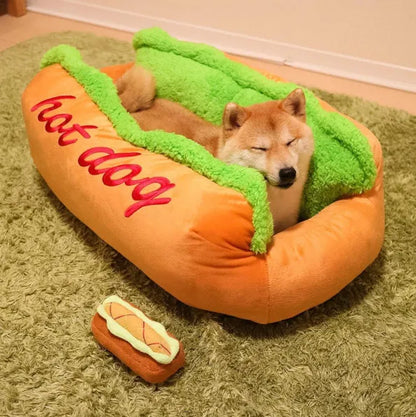 Brown sofa cushion style dog bed with removable mat, shown in a home setting.