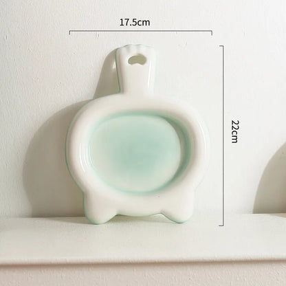 Ceramic cat bowl with shallow design in blue, green, pink, or yellow colour options