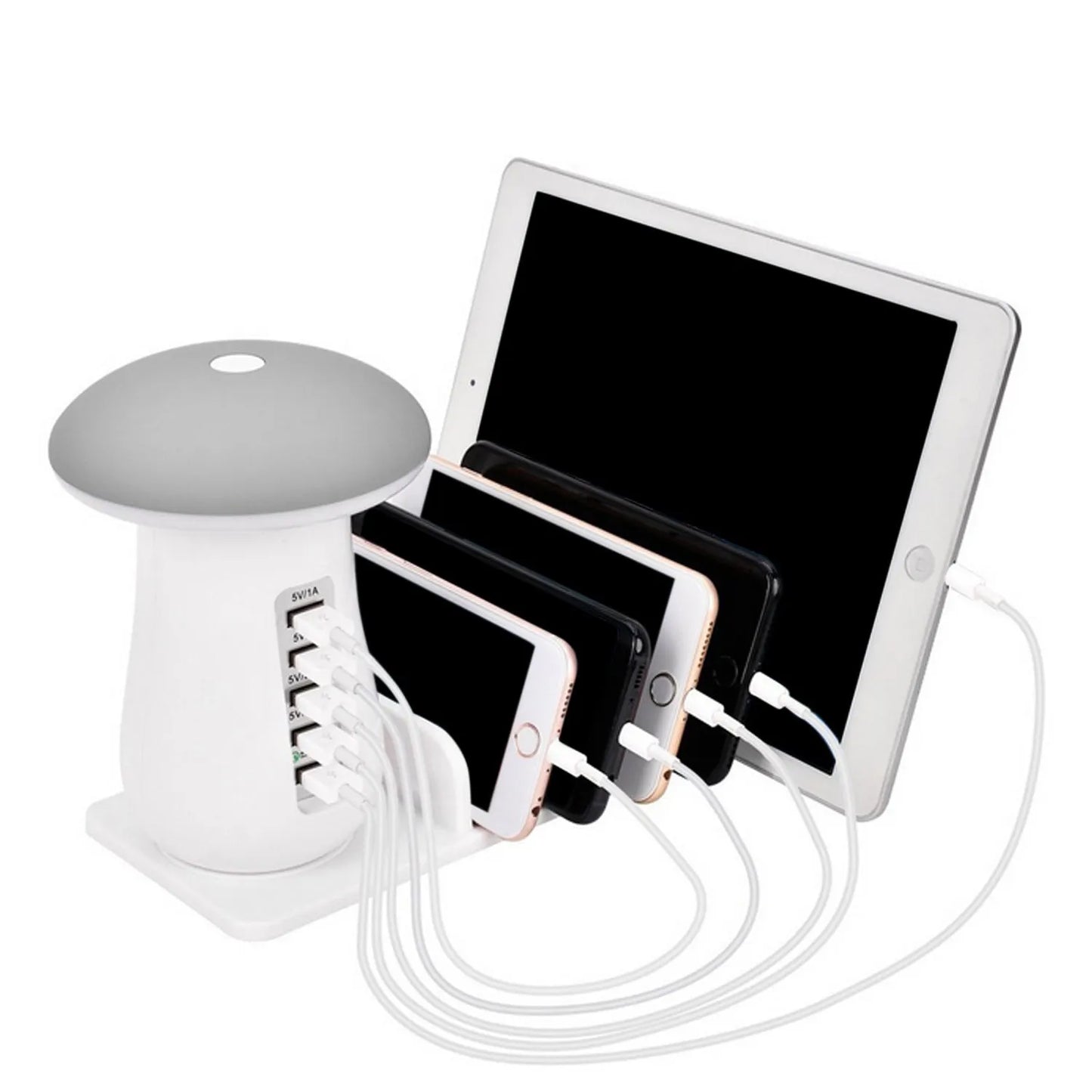 White mushroom-shaped USB charging dock station with 5 ports and an illuminated LED night light on a wooden desk.