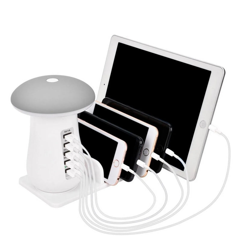 USB Charging Dock Station with 5-Port Smart Charging and Integrated Mushroom LED Night Light for Galaxy, iPhone, and Tablet Organisation