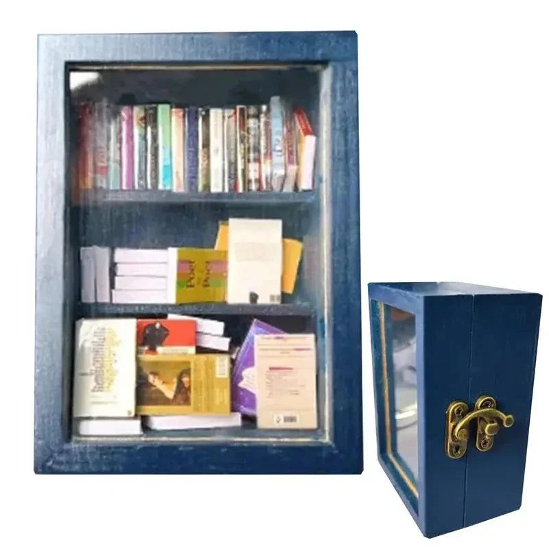 Calming wooden bookshelf ornament with 60 miniature books for stress relief and desktop decor