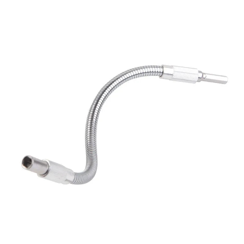 Silver metal flexible shaft extension for cordless drill with 6.35mm shank.