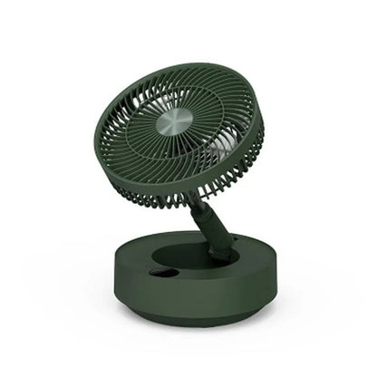 Green rechargeable floor fan with humidifier in extended position showing telescopic design