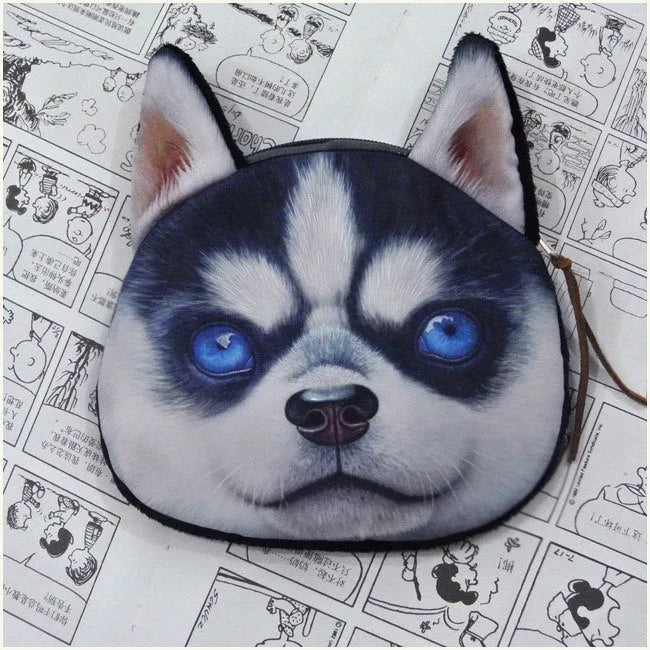 Cat dog face zipper coin purse in polyester and plush, 13x12.5cm, with zip closure for coins and makeup