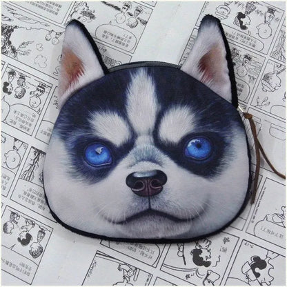 Cat dog face zipper coin purse in polyester and plush, 13x12.5cm, with zip closure for coins and makeup