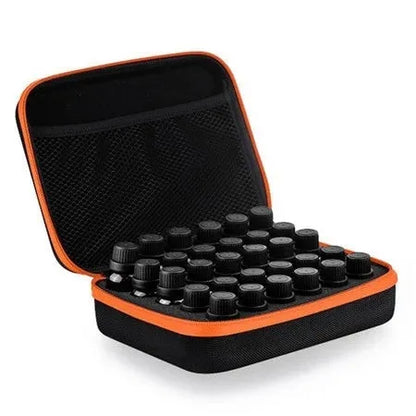 Red cube-shaped EVA essential oil storage bag with 30 compartments, shown mounted on a wall.